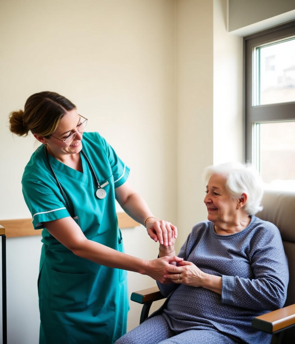 A nurse gently holding the hand of an elderly patient
