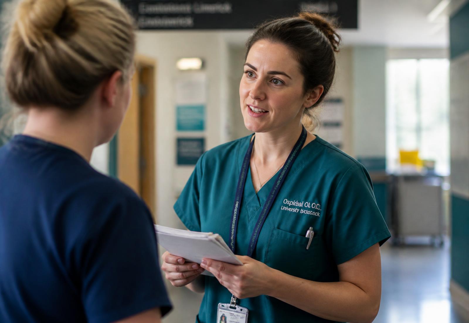 Two healthcare colleagues in conversation in an Irish hospital corridor