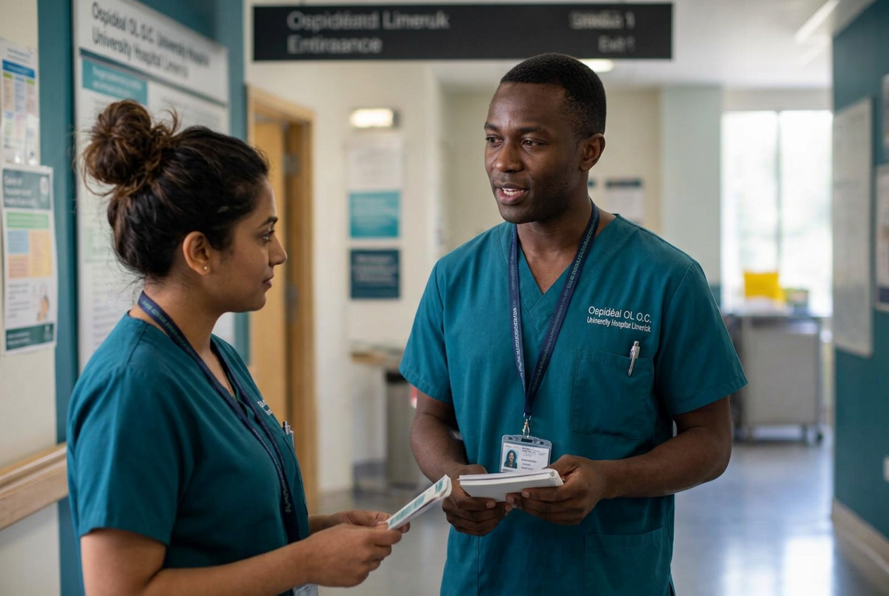Two healthcare colleagues in conversation in an Irish hospital corridor