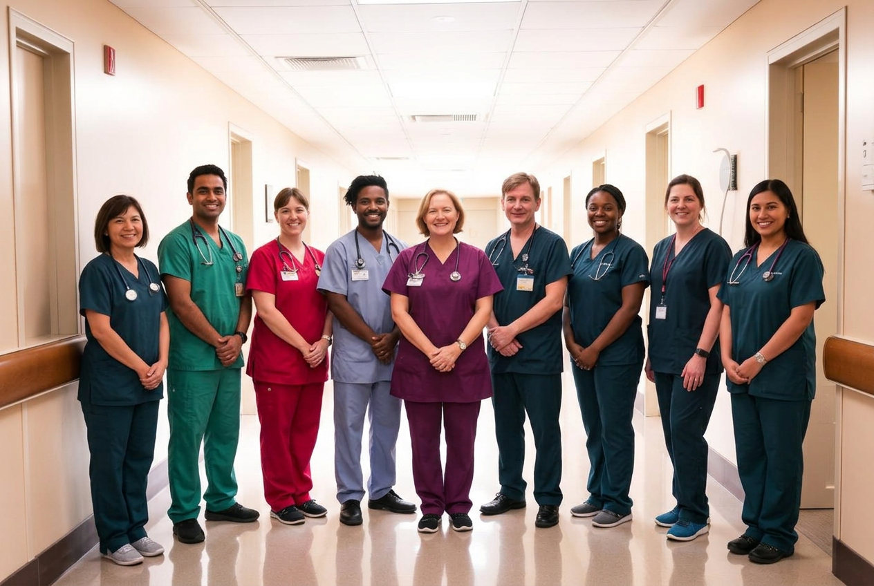 Healthcare professionals in scrubs smiling in a hospital corridor